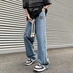 Hearujoy Men Jeans Spring and Autumn New Star Embroidery Splicing Jeans Fashion Street Casual Wear Loose Hundred Straight Pants Y2k Jeans