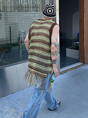 Hearujoy Striped Mesh Vest for Men Vintage Knit Tank Tops Sleeveless Tee Male Casual Summer Beach Japanese Streetwear Hip Hop