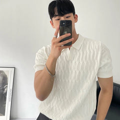 HEARUJOY - Summer Clothing Men's Light Luxury Knitted Jacquard Polo Shirt V-Neck Solid Color Short-sleeved Korean Popular Leisure Knitwear