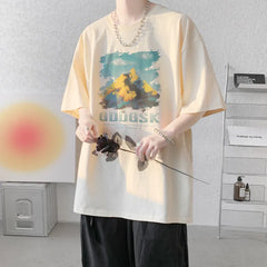 YICKYUE - Men's Cotton T-shirts White 5XL Mens Oversized T Shirt Summer Casual Wear Letter Mountain Print Tee Shirts for Men Male Clothes