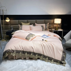 YICKYUE - Luxury Bedding Set 3Pcs Duvet Cover Set King Size Bed Skirt Lace Double Side Washed Silk Design Reactive Printing Sleep Coolly