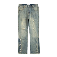 Streetwear Men Blue Washed Jeans Relaxed Fit Side Zipper Buckle Tapered Jeans Pants Male Distressed Hole Denim Pants Vintage