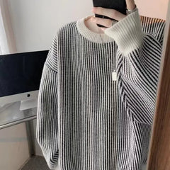 Hearujoy Striped Knitted Sweater Coat Men Japanese Oversize Casual Autumn Winter Loose O-neck Pullovers for Man Streetwear