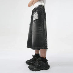 Hearujoy High Street Men's Washed Jeans Summer New Fashion Cat Whiskers Design Male Denim Shorts Calf-Length Pants Straight 9C5982