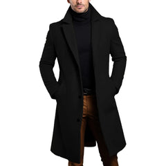 HEARUJOY - Long Black Trench Slim Jacket Mens Single Breasted Solid Vintage Full Sleeve Overcoats Tops Keep Warm