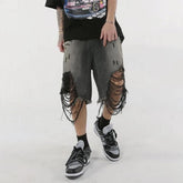 Hearujoy High Street Loose Washed Old Ripped Shorts American Retro Shorts Summer Street Y2K Hip Hop Tassel Wide Leg Casual Denim Shorts