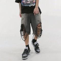 Hearujoy High Street Loose Washed Old Ripped Shorts American Retro Shorts Summer Street Y2K Hip Hop Tassel Wide Leg Casual Denim Shorts