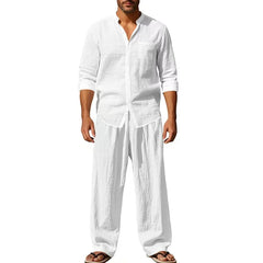 HEARUJOY - Spring Autrumn New Casual Men Linen Two Piece Set Fashion Solid Loose Outfits Stand Long Sleeve Shirts and Trouser Suits Mens