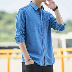 HEARUJOY - Fashion Korean Style Denim Shirt For Men 100% Cotton Long Sleeve Slim Fit Tops Spring Autumn Casual Denim shirts Plus Size 4XL