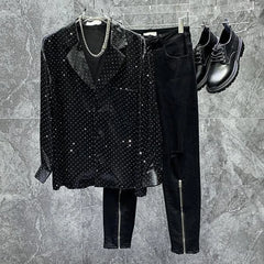 Hearujoy Mens Diamond-Encrusted Long-Sleeve Casual Shirt Autumn Genderless Fashion Youth Nightclub Loose Niche Temperament Shirt Unisex