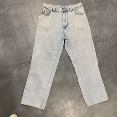 Hearujoy Hip Hop Polar Big Boy Jeans Y2K Pants Mens Gothic Cartoon Embroidery Retro Blue Baggy Jeans New High Waist Wide Leg Trouser