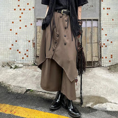 Hearujoy Mens Chinese Style Pleated Button Double Button Stacked Irregular Culottes Essential Casual Fashion Trend Loose Wide Leg Pants