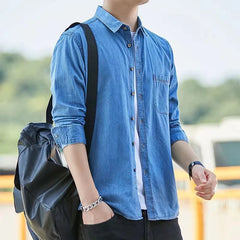 HEARUJOY - Fashion Korean Style Denim Shirt For Men 100% Cotton Long Sleeve Slim Fit Tops Spring Autumn Casual Denim shirts Plus Size 4XL