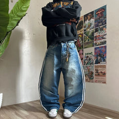 Hearujoy Simple Retro Y2K Harajuku Sports Striped Embroidered Washed Blue Jeans Men's Street Trend Loose Wide-leg Pants Skateboard Pants