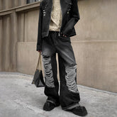 Hearujoy Mens Clothing American Street Loose Trend Contrast Color Ripped Jeans Retro Distressed Straight Fashionable Casual Trousers