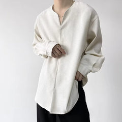 Hearujoy 2024 Autumn Retro Temperament Waffle Pullover V-neck Shirt Men's Long-Sleeved Light Wind Ins Loose Korean Trend Shirt