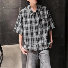 HEARUJOY - Mens Hot Diamond Plaid Half-Zip Casual Shirt Streetwear Fashion Youth Campus Versatile Short-Sleeve Tops Men'S Clothing 2025 New
