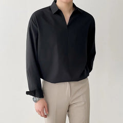 HEARUJOY - Men's Luxury V Neck Pullover Shirts Casual Solid Color Korean Fashion Clothes Long Sleeve High Quality Tops Spring 2025 New