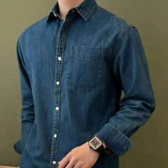 HEARUJOY - Lapel Collar Cotton Blend Denim Shirt Long Sleeve Shirt Retro Shirt British Versatile Casual Shirt Man Camisa Social Masculina