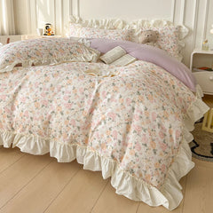 YICKYUE - Floral Print Korean Style Princess Lace Ruffles 100% Cotton Bedding Set Duvet Cover Bed Sheet/Fitted Sheet Pillowcases 3/4Pcs