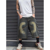 Hearujoy Hip Hop Jorts Loose Retro Y2k Baggy Jorts Women Men Low Waist Cropped Black Jeans Distressed Frayed Denim Wide Pants