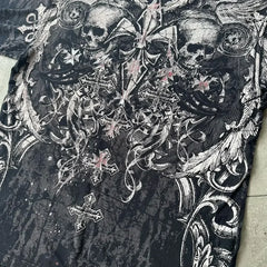 Hearujoy Y2K Retro Gothic Skull Print T-shirt American Street Fashion Oversize Short Sleeves Men Hip Hop Punk Harajuku Casual Cotton Tops