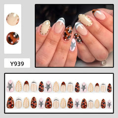 YICKYUE - 30Pcs False Nails Almond-Shaped Polka Dot Gray-Blue French and Leopard Print Press-On Nails—Perfect As A Gift for Girls