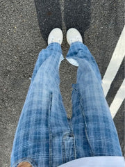 HEARUJOY - Blue Plaid Jeans Men's Summer American Retro Thin Straight Leg Narrow Version Slimming Micro Flared Pants Casual Loose Fit