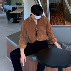 Hearujoy Mens Japanese Corduroy Long-Sleeve Shirt 2024 New Genderless Fashion Youth Trend Retro Loose Solid Color Simple Shirt Unisex