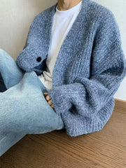 YICKYUE - Vintage American Style Men Loose Sweater Outwear Autumn Winter Heavy Duty V-neck One button Coarse Knitted Cardigan Coat