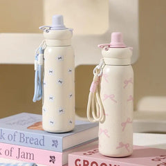 YICKYUE - Cute Cartoon Fashion Straw Cup Large Capacity Student Dual Water Bottle, Stainless Steel Insulated Flask, Bow Bear Pattern