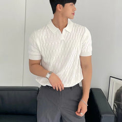 HEARUJOY - Summer Clothing Men's Light Luxury Knitted Jacquard Polo Shirt V-Neck Solid Color Short-sleeved Korean Popular Leisure Knitwear