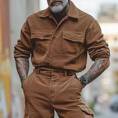 HEARUJOY - Mens Solid Color Ah Mei Khaki Workwear Clothing Autumn And Winter Fashion Trend Leisure Suit Long-Sleeved Jumpsuit Trousers Men