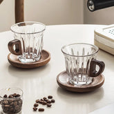 YICKYUE - 2 Set Coffee Cups with Wood Coaster | Tempered Glassware Round Table Setting for Dining, Home Restaurant Use, for Housewarming