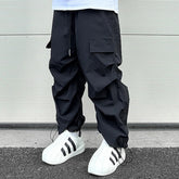 Hearujoy Y2k Black Pleated Pantalones Hombre Baggy Cargos for Men Functional Style Straight Solid Casual Functional Rubber Pants