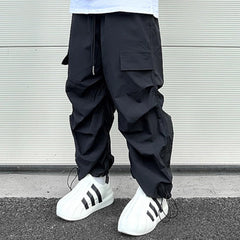 Hearujoy Y2k Black Pleated Pantalones Hombre Baggy Cargos for Men Functional Style Straight Solid Casual Functional Rubber Pants