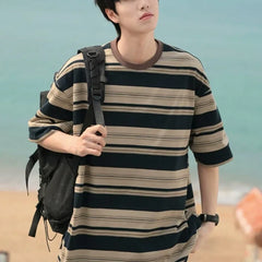 HEARUJOY - Striped Top Man Tee Shirts Loose T Shirt for Men Kpop Original Luxury High Quality Cheap Clothes Casual New in Harajuku Funny