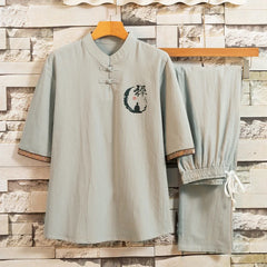 HEARUJOY - Summer Shirt + Trousers Men sets Chinese Style Men Shirt Cotton and Linen Shirts Men's High Quality Casual Shirts Two Piece Suit