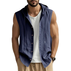 HEARUJOY - Summer Men's Casual Sleeveless Hooded Shirt, Linen Hooded Solid Color, Breathable and Loose Top
