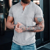 HEARUJOY - Men's European Size 3 Button Henry Round Neck Short Sleeve Slim Solid Color Thin T-shirt
