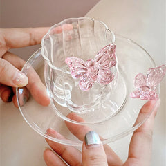 YICKYUE - Coffee Cup and Saucer Set Glass Mug Butterfly Flower Afternoon Tea Set Dessert Plate Gift Elegant Household Drinking Utensils