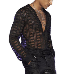 HEARUJOY - Men Lace T-Shirt See-Through V-Neck Mesh Thin T-Shirt Summer Streetwear Sexy Fashion Breath Long Sleeve Top Men'S Clothing 2025