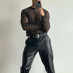 Hearujoy Mens autumn sexy see-through hollow long-sleeved lace T-shirt genderless fashion slim black breathable printed top for men