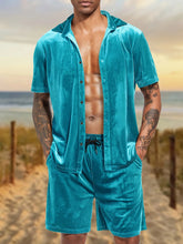 HEARUJOY - Summer Solid Color Mens Velvet Suits Collar lapel short sleeved shirt and drawstring shorts Two Piece Set 2025 Fashion Outfits