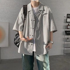 HEARUJOY - Summer White Short Sleeved Shirt Men Society Mens Dress Shirt Korean Loose Casual Blue Stripe Shirt Mens Office Formal Shirts