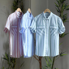HEARUJOY - Harajuku Cotton Striped Shirt Men Japanese Style Summer Holiday Beach Short Sleeve Shirts for Man Clothing Camisa Masculina
