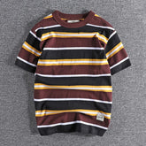 HEARUJOY - Summer Splicing Pure Cotton Stripe Short Sleeve T-shirt Streetwear Amekaji Heavyweight Casual Male Round Neck Tshirt Tops Tee