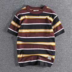 HEARUJOY - Summer Splicing Pure Cotton Stripe Short Sleeve T-shirt Streetwear Amekaji Heavyweight Casual Male Round Neck Tshirt Tops Tee