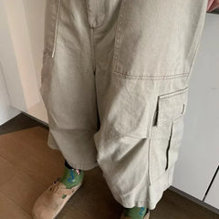 HEARUJOY - Cargo Cropped Pants Mens Summer New Multiple Pockets Casual Wide Leg Tooling Shorts Street Retro Paratrooper Overalls Thin