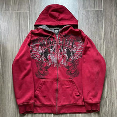 Hearujoy Y2K New Red Zipper Hoodie Retro Gothic Printed Pattern Hoodie High Street Hip-Hop Trend Sweatshirt Men's Women's Loose Hoodies